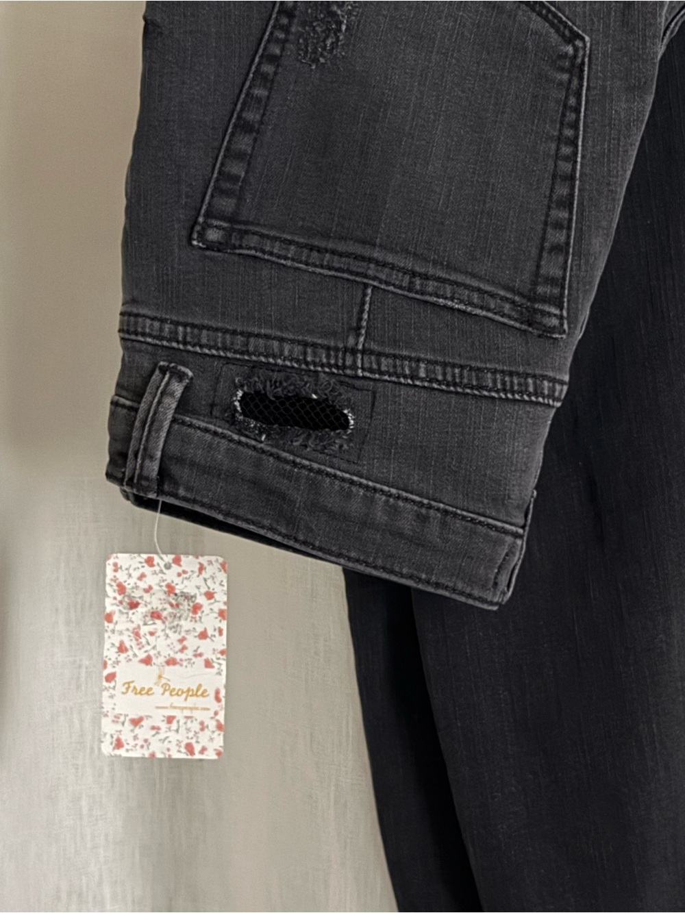 NWT Free People Distressed Skinny Jeans 27 Black As Night Mesh Ripped Grunge